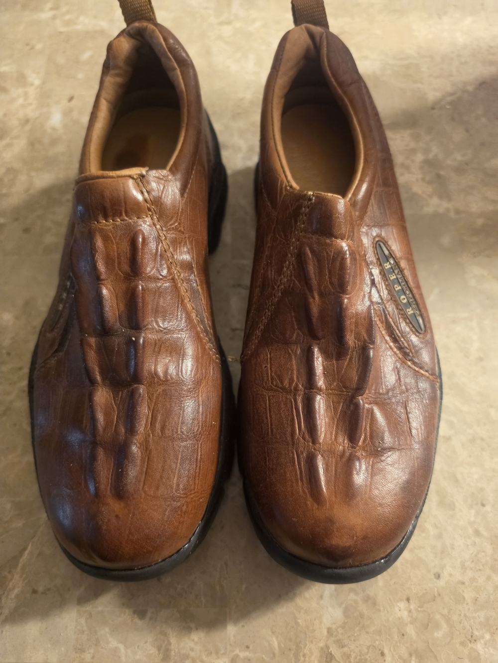 Roper Brown Croc-Embossed Slip-On Western Shoes